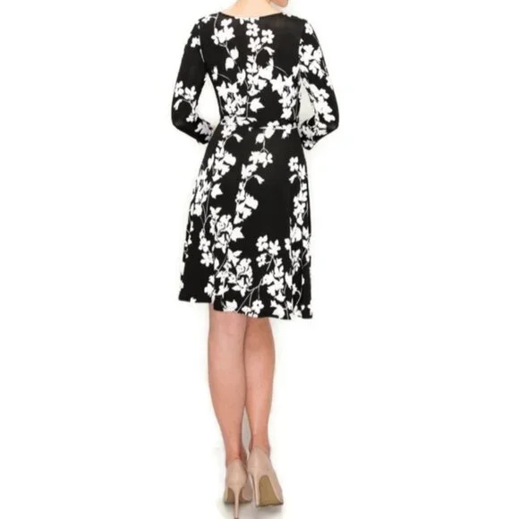 Janette Fashion Black White Floral Faux Wrap Knee Length Dress - Picture 2 of 4
